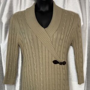 Calvin Klein Sweater Dress CableKnit Tan 3/4 Sleeve V Neck Faux Wrap Women’s M